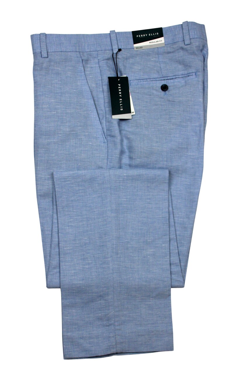 Perry Ellis Dress Pants Mens 32x32 Hazy Blue Regular Fit Linen Cotton Chambray